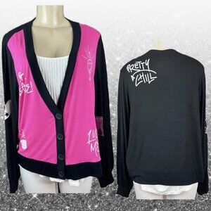 Lovesick +4 Black-Pink Button Down Graffiti-Tattoo Inspired Graphic Cardigan Top